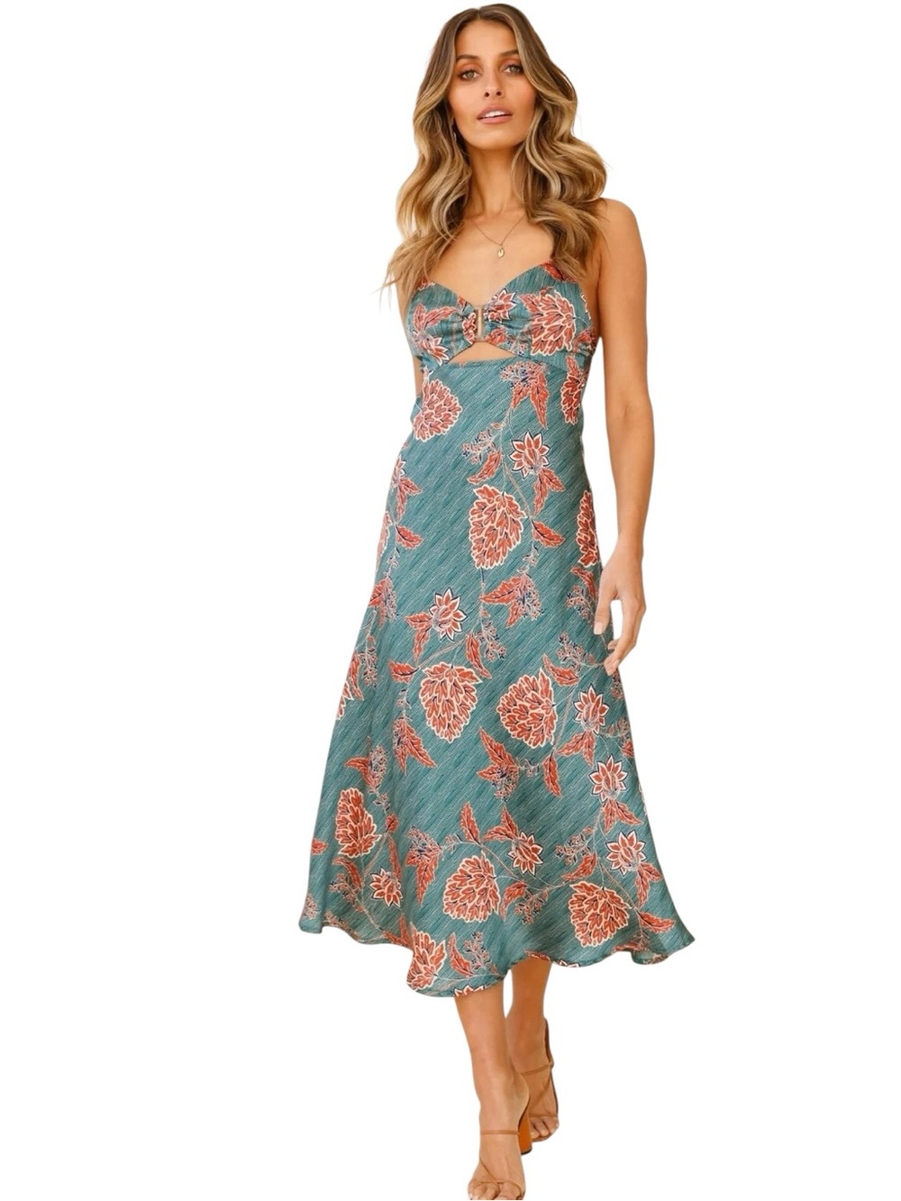 Here Comes the Sun Melancholy Buckle Midi Dress Botanic Print Sage M Slip Boho